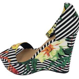 Floral Stripe Open Toe Platform Wedge Sandals
